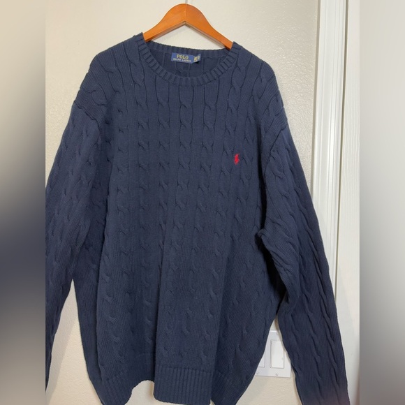 Polo by Ralph Lauren Big & Tall 3XLT Navy Cotton Crewneck Cable-Knit, Red Pony - Picture 4 of 16
